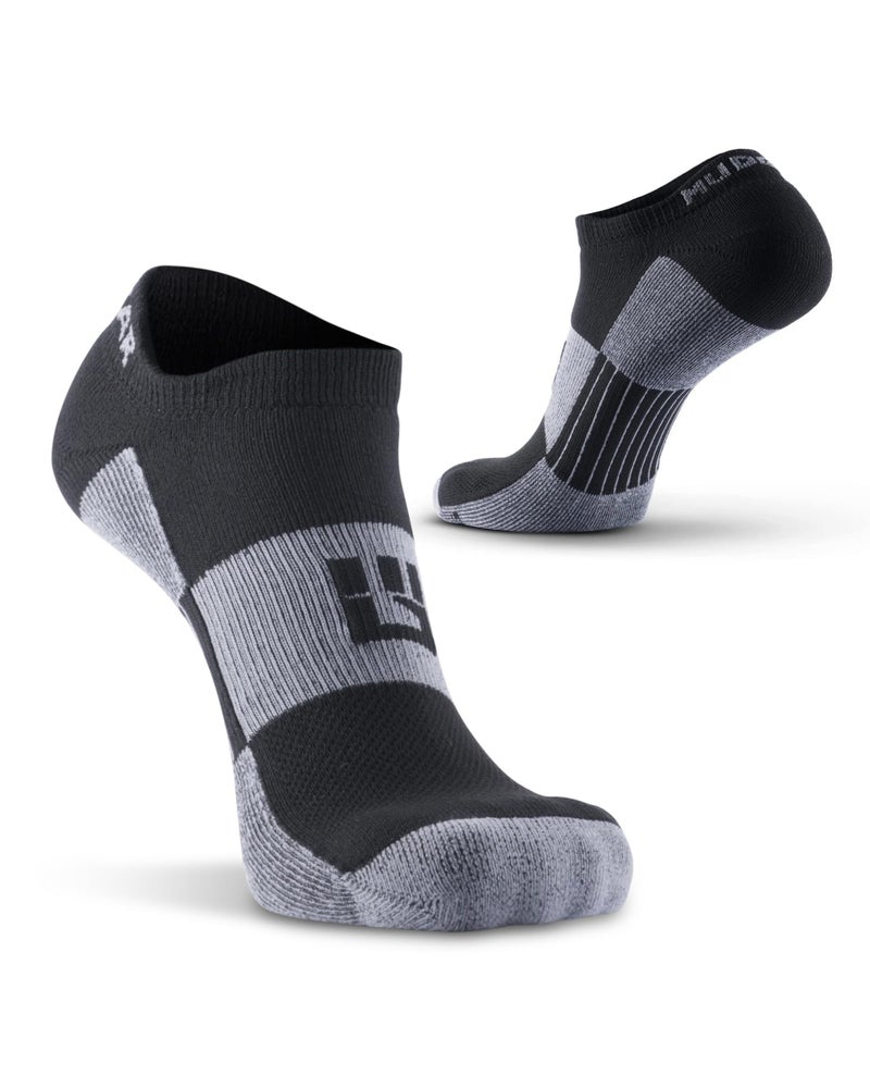 MudGear Spartan Race No-Show Running Socks, Cushioned, Non-Slip, Anti-Blister, Breathable Compression Athletic AnkleSocks for Trail, Marathon, Gym &Training, 2-Pack, Black/Gray, Large - Image 1